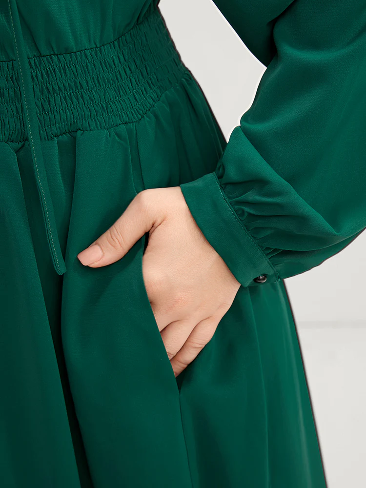 Solid Pocket Shirred Tie V Neck Ruffle Hem Dress - Image 7