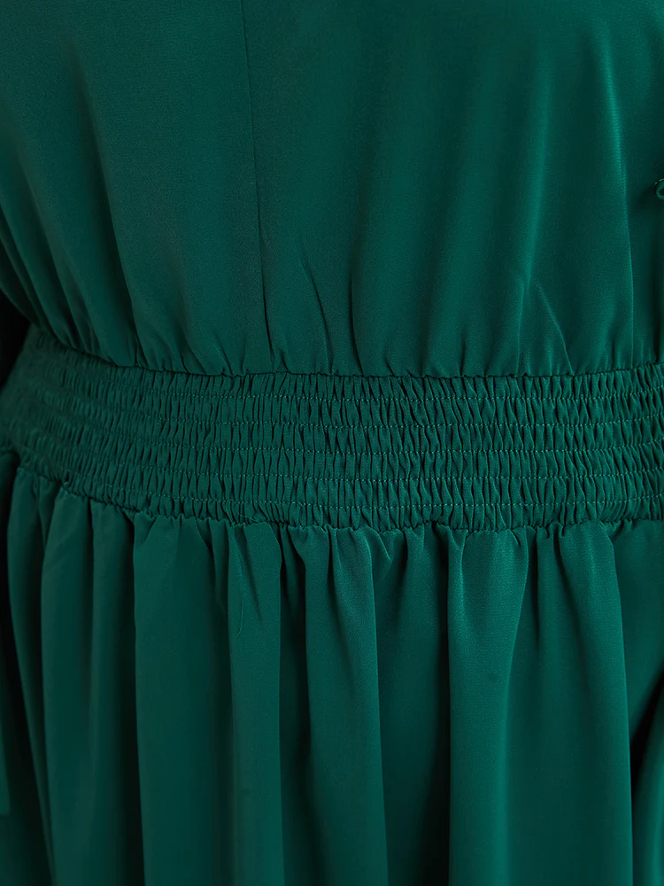 Solid Pocket Shirred Tie V Neck Ruffle Hem Dress - Image 8