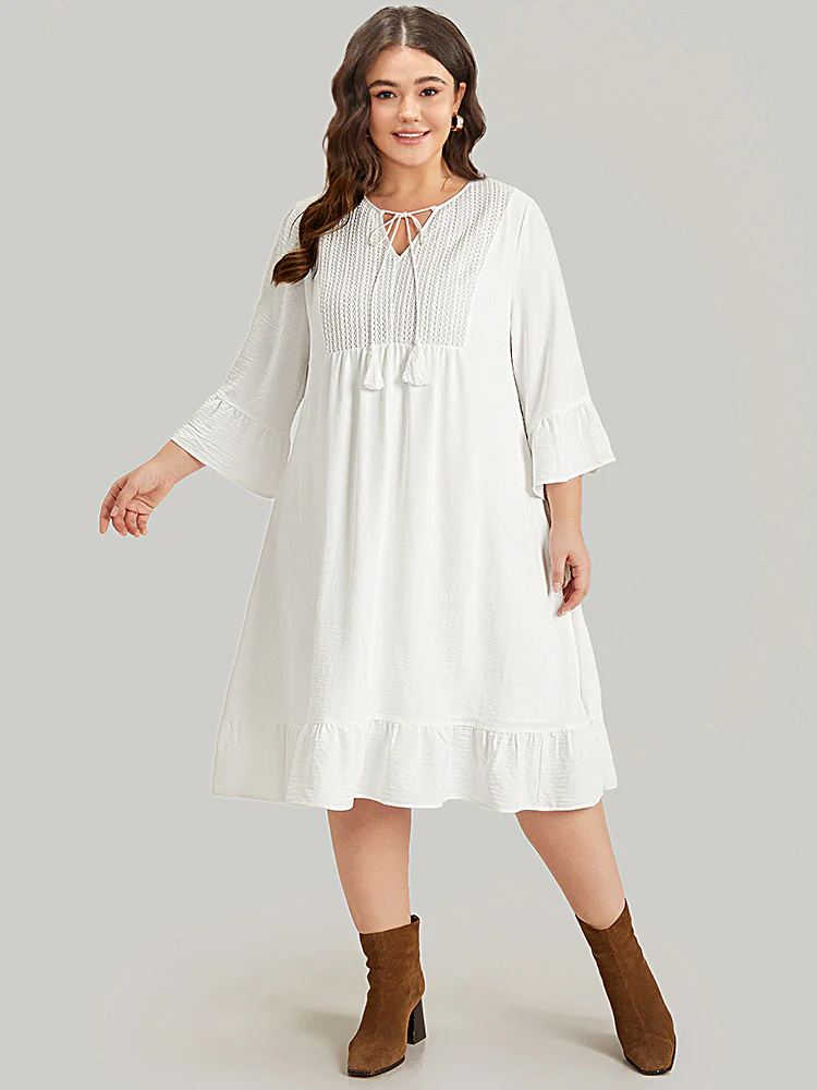 Solid Pocket Ties Tassels Bell Sleeve Dress - Image 13