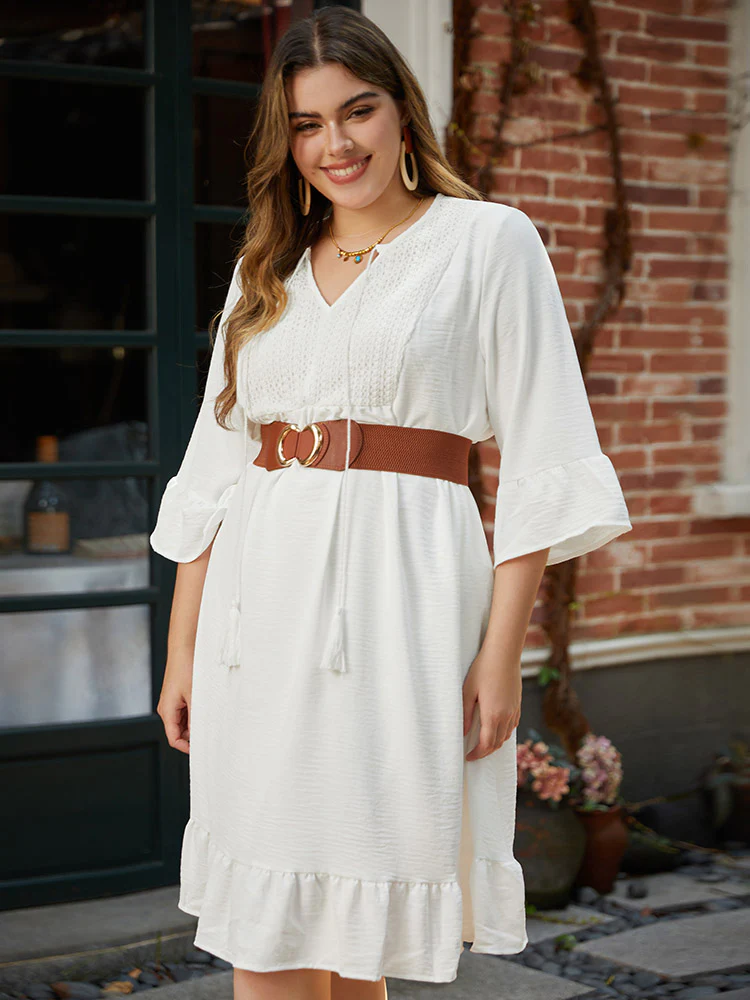 Solid Pocket Ties Tassels Bell Sleeve Dress - Image 2