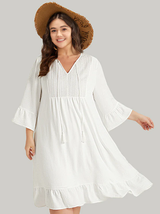 Solid Pocket Ties Tassels Bell Sleeve Dress - Image 3