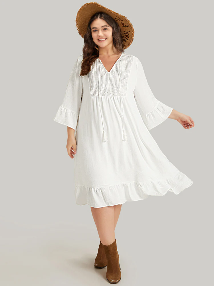 Solid Pocket Ties Tassels Bell Sleeve Dress - Image 5