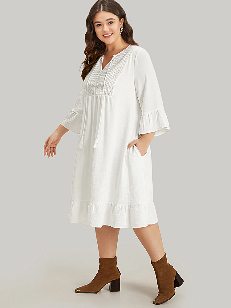 Solid Pocket Ties Tassels Bell Sleeve Dress - Image 6
