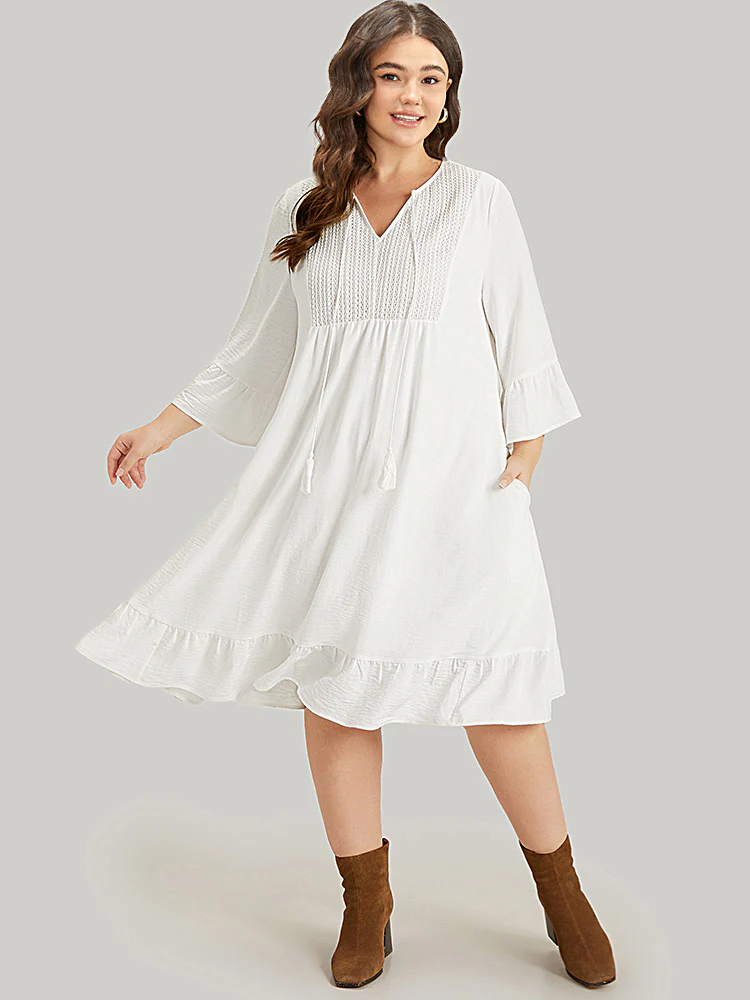 Solid Pocket Ties Tassels Bell Sleeve Dress - Image 7