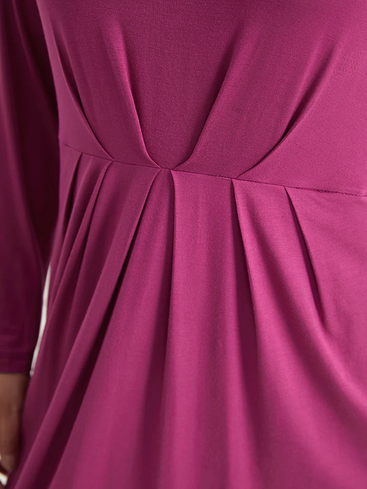 Solid Pocket V Neck Plicated Detail Dress - Image 6