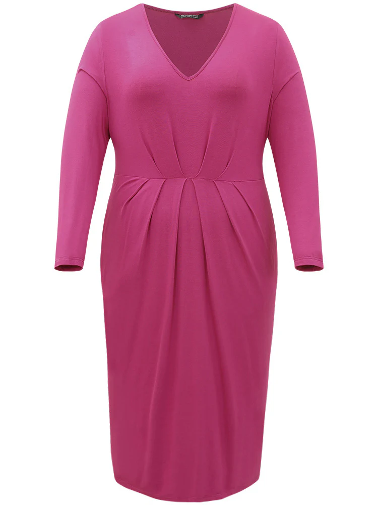 Solid Pocket V Neck Plicated Detail Dress - Image 8