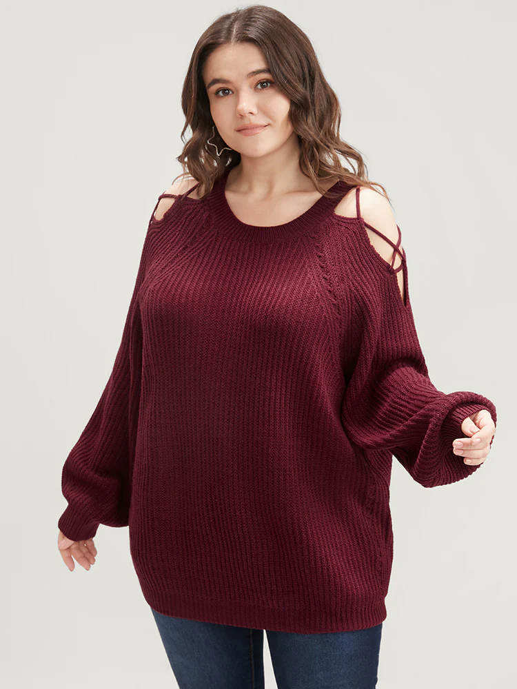 Solid Pointelle Knit Cut Out Lantern Sleeve Knit Top - Image 2