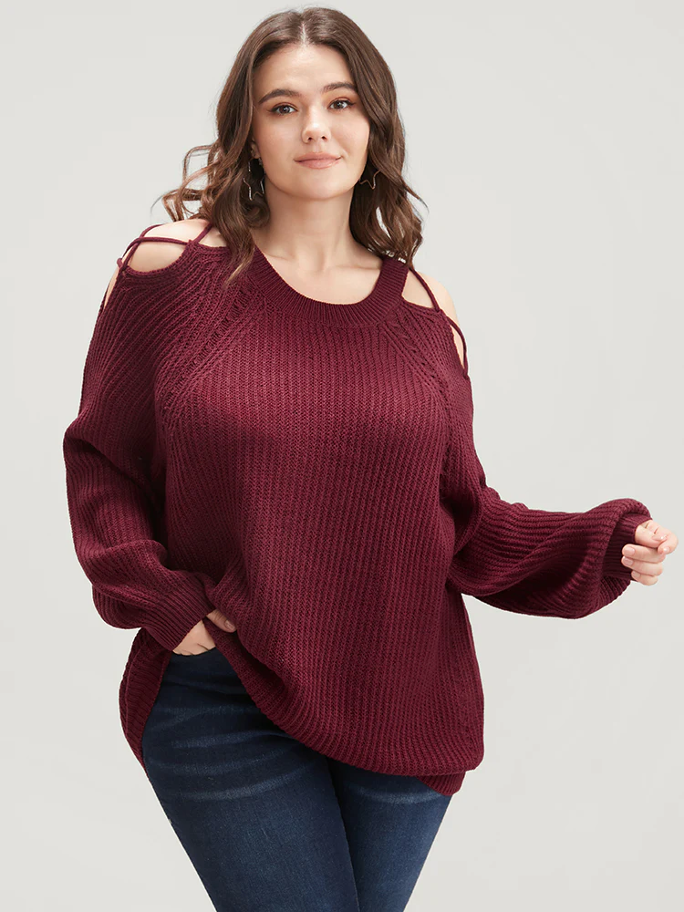 Solid Pointelle Knit Cut Out Lantern Sleeve Knit Top - Image 3