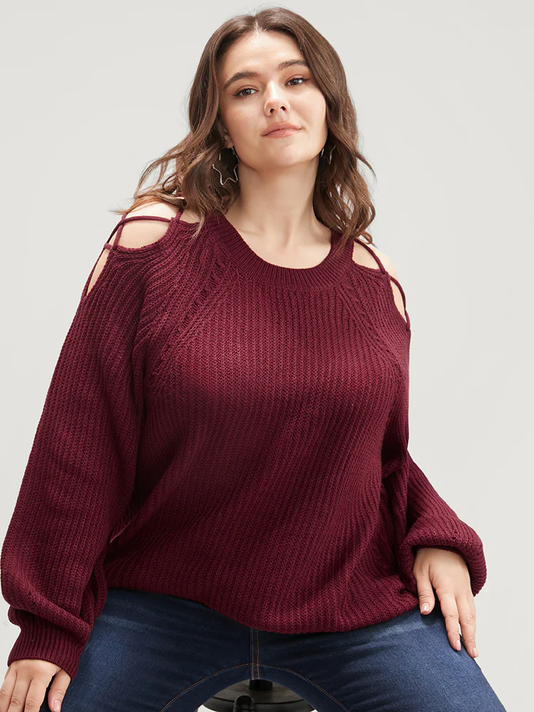 Solid Pointelle Knit Cut Out Lantern Sleeve Knit Top - Image 4