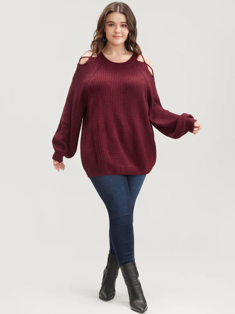 Solid Pointelle Knit Cut Out Lantern Sleeve Knit Top - Image 5