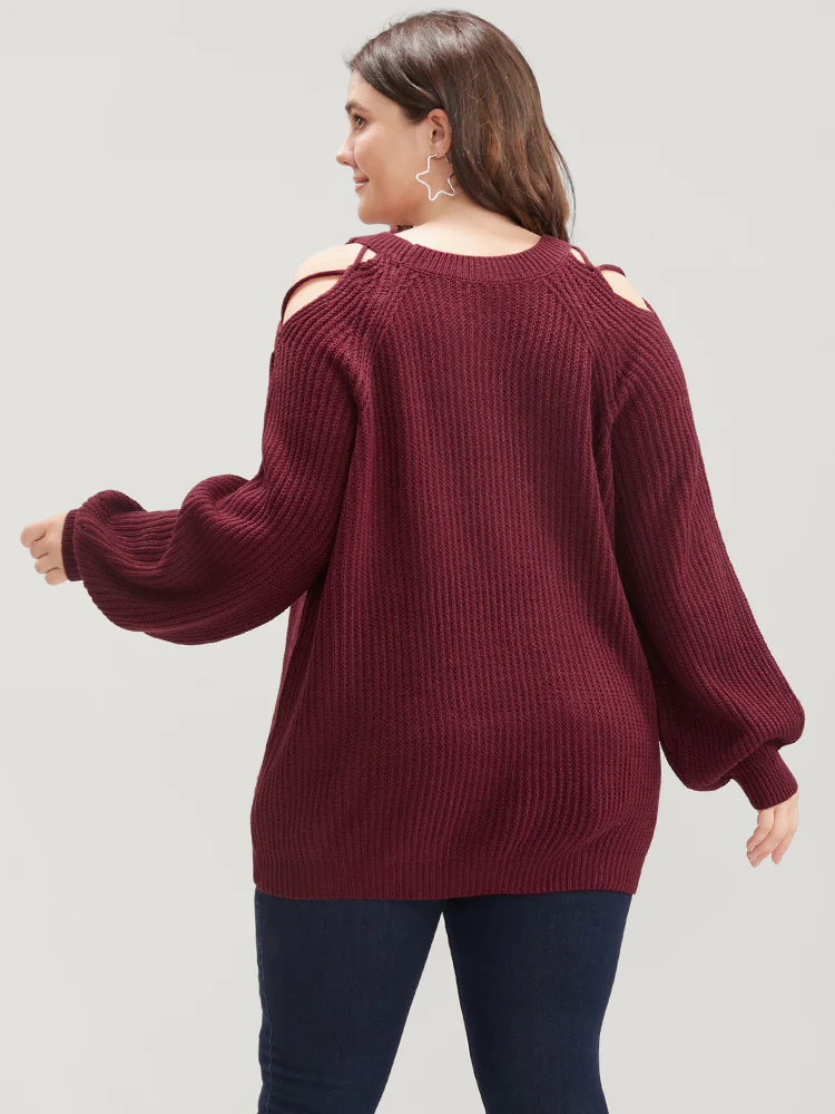 Solid Pointelle Knit Cut Out Lantern Sleeve Knit Top - Image 6