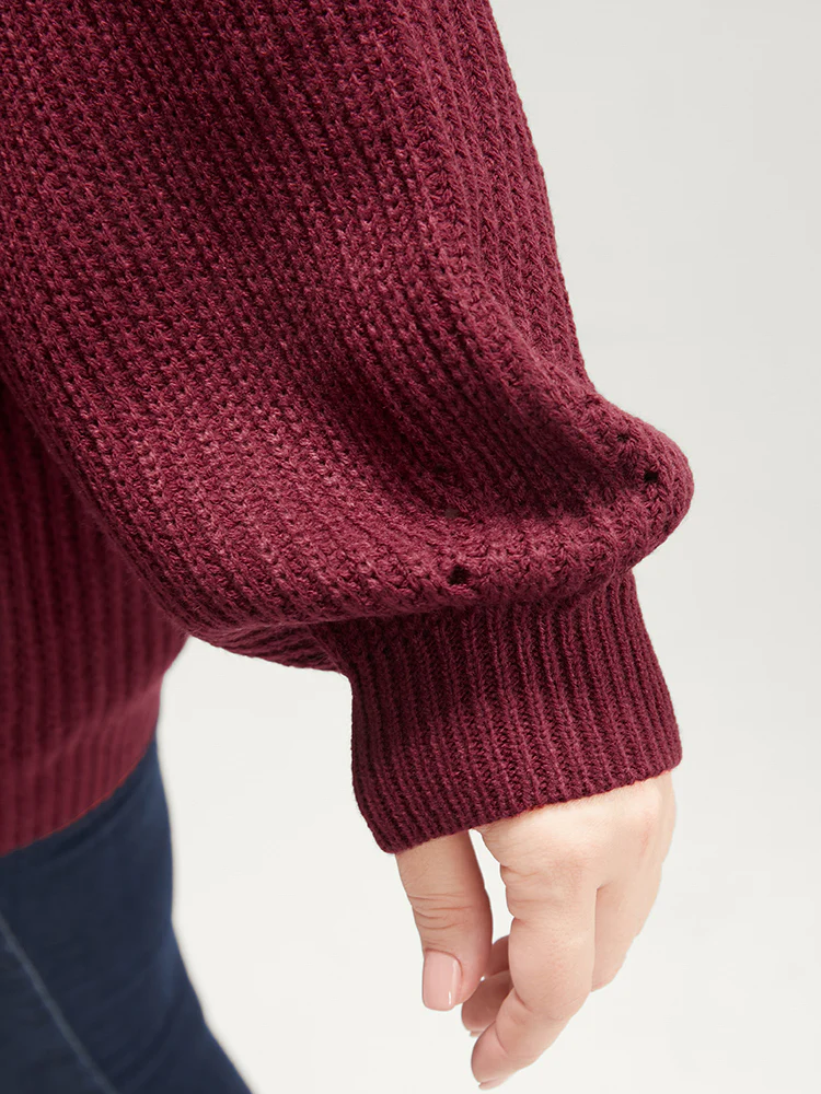 Solid Pointelle Knit Cut Out Lantern Sleeve Knit Top - Image 8