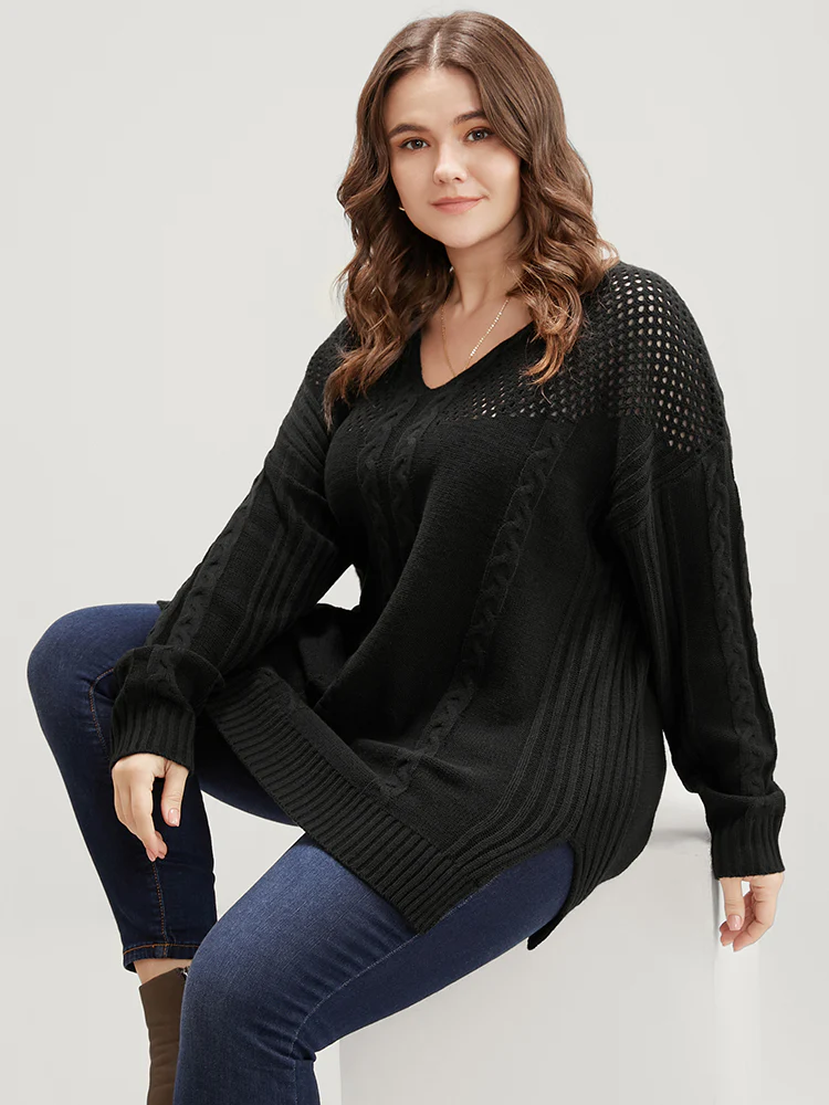 Solid Pointelle Knit Cut Out Split Hem Cable Knit Top - Image 2