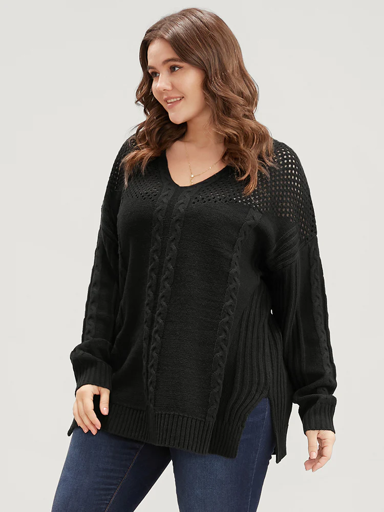 Solid Pointelle Knit Cut Out Split Hem Cable Knit Top - Image 3