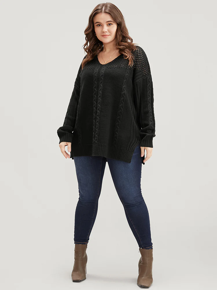 Solid Pointelle Knit Cut Out Split Hem Cable Knit Top - Image 4