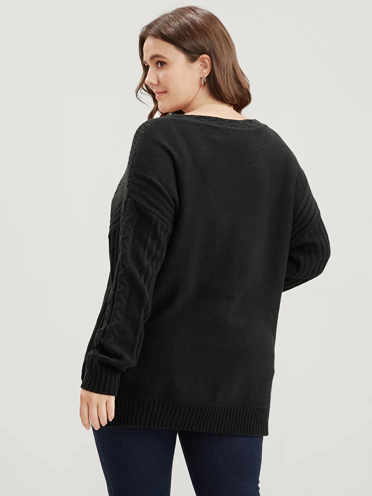 Solid Pointelle Knit Cut Out Split Hem Cable Knit Top - Image 5