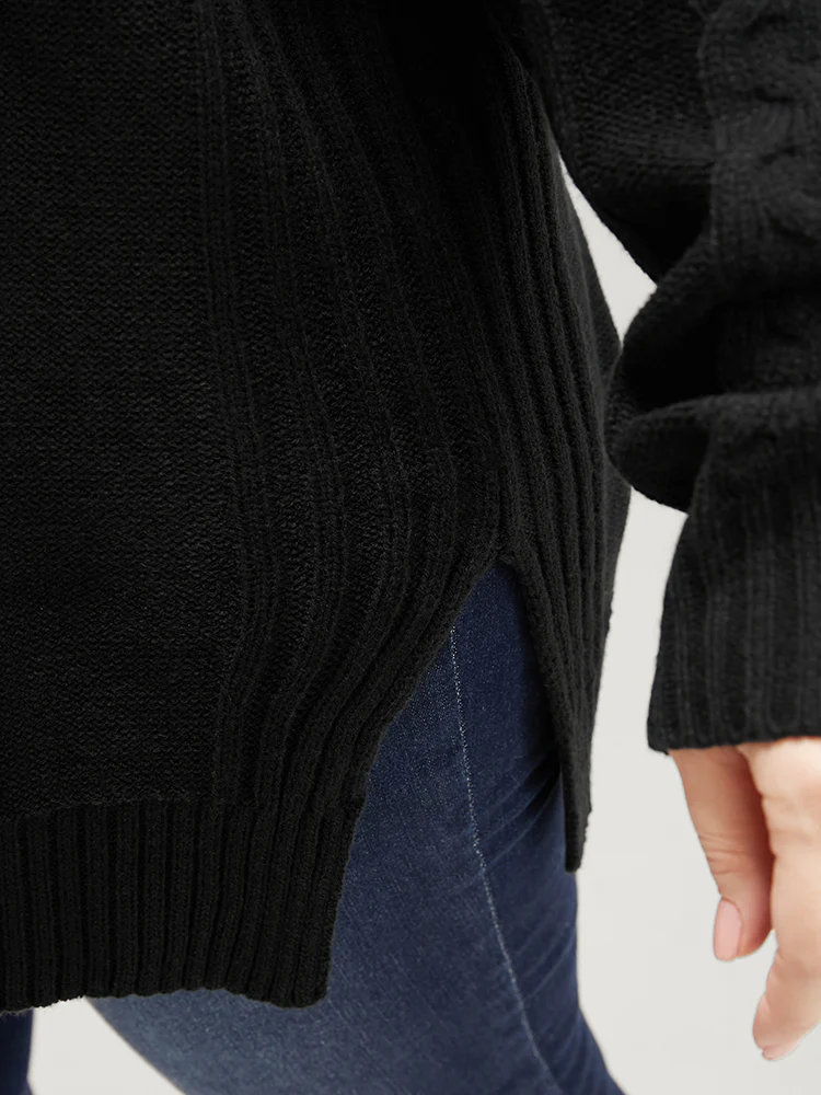 Solid Pointelle Knit Cut Out Split Hem Cable Knit Top - Image 6