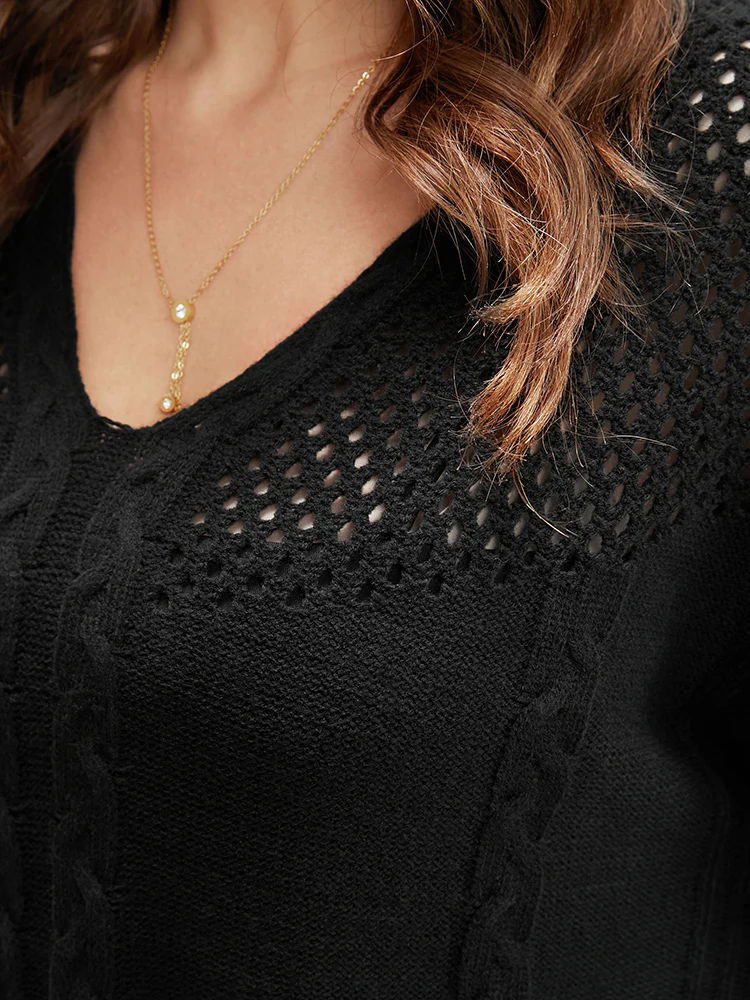 Solid Pointelle Knit Cut Out Split Hem Cable Knit Top - Image 7