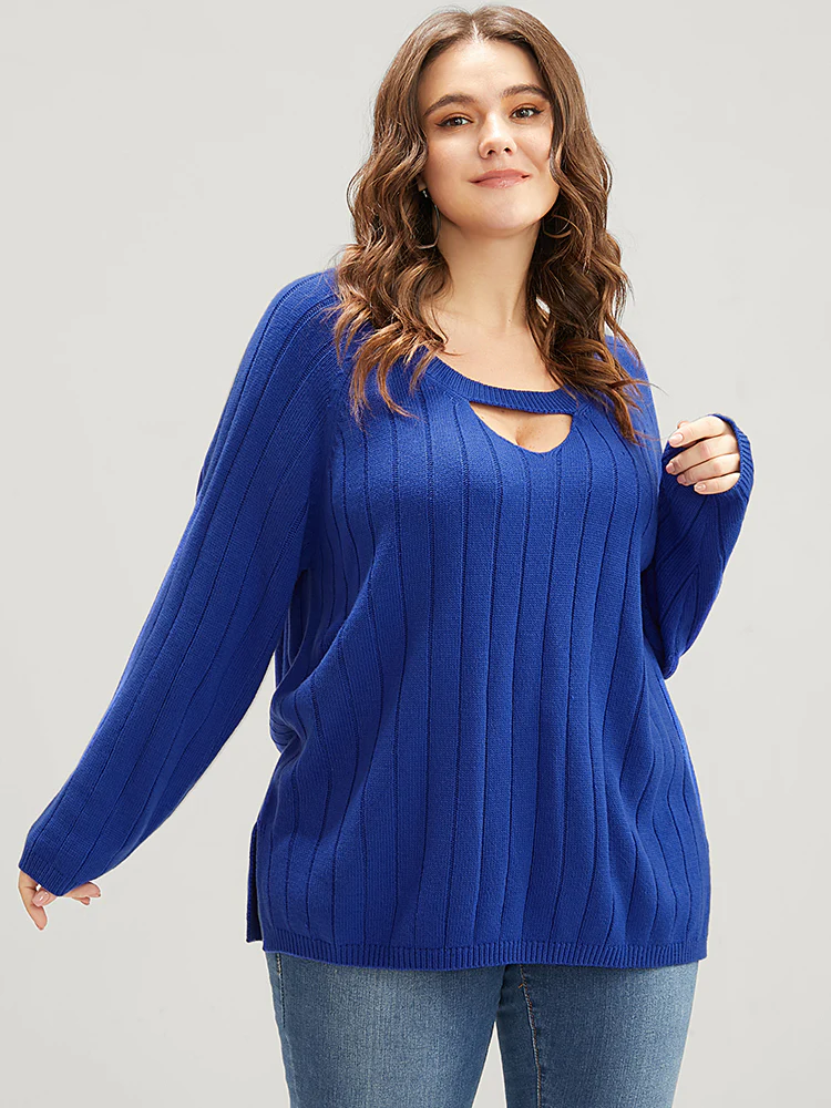 Solid Pointelle Knit Cut Out Split Hem Rib Knit Top - Image 3
