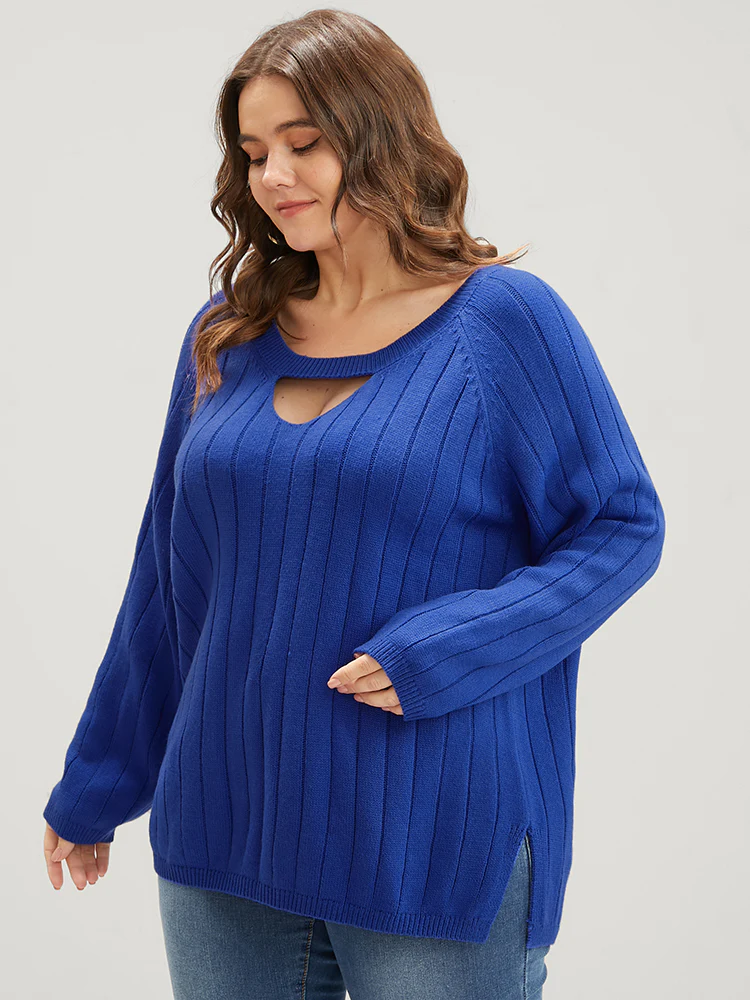 Solid Pointelle Knit Cut Out Split Hem Rib Knit Top - Image 5