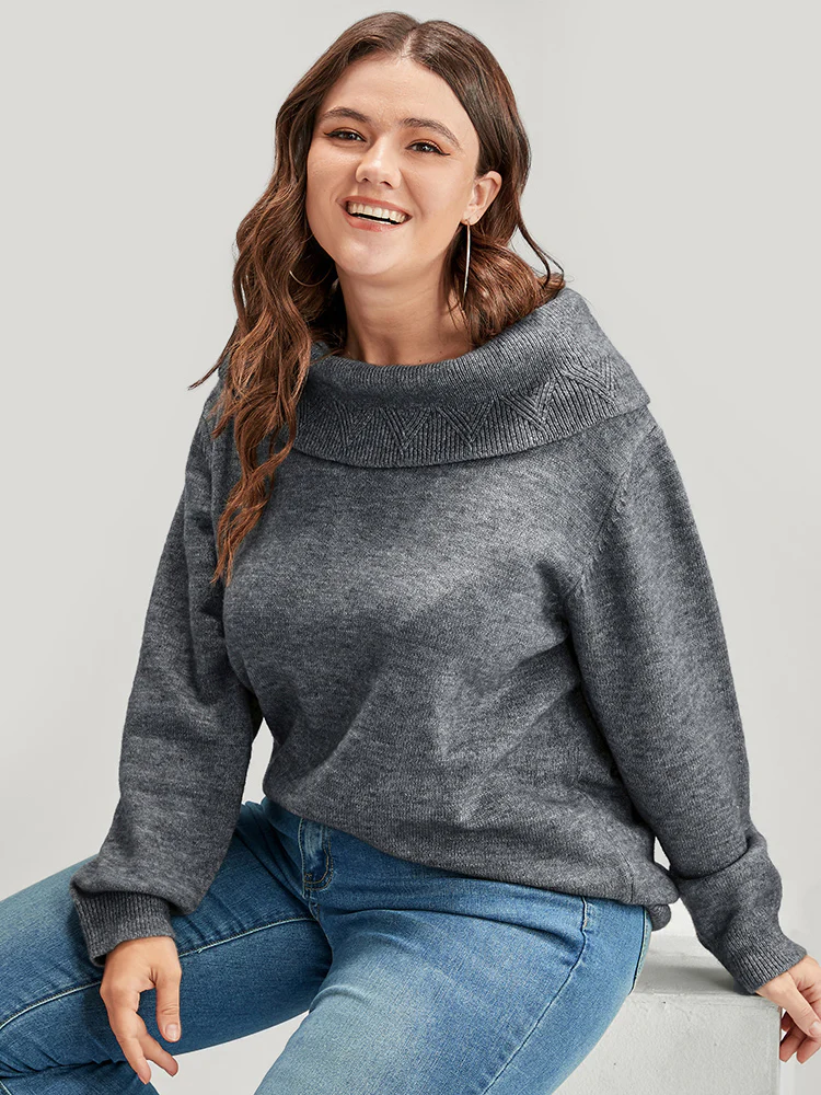 Solid Pointelle Knit Foldover Off Shoulder Knit Top - Image 2