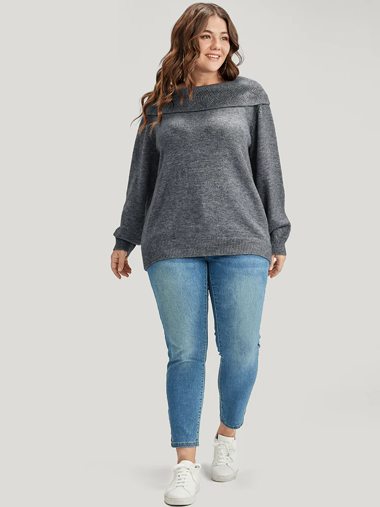 Solid Pointelle Knit Foldover Off Shoulder Knit Top - Image 3
