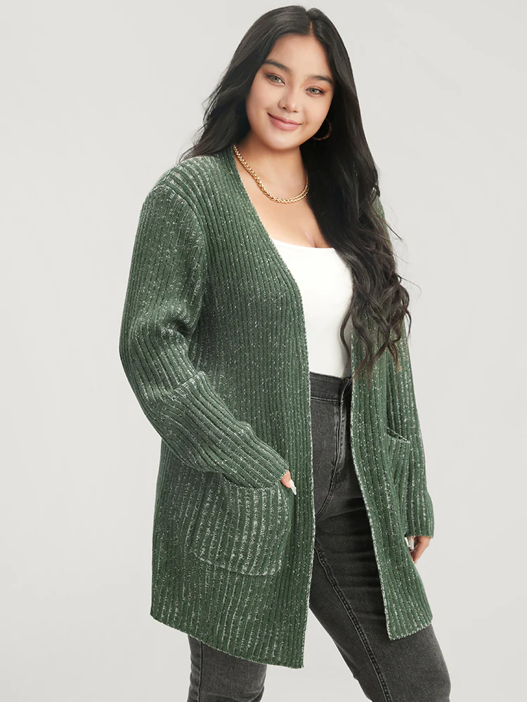 Solid Pointelle Knit Heather Rib Knit Open Front Cardigan - Image 2