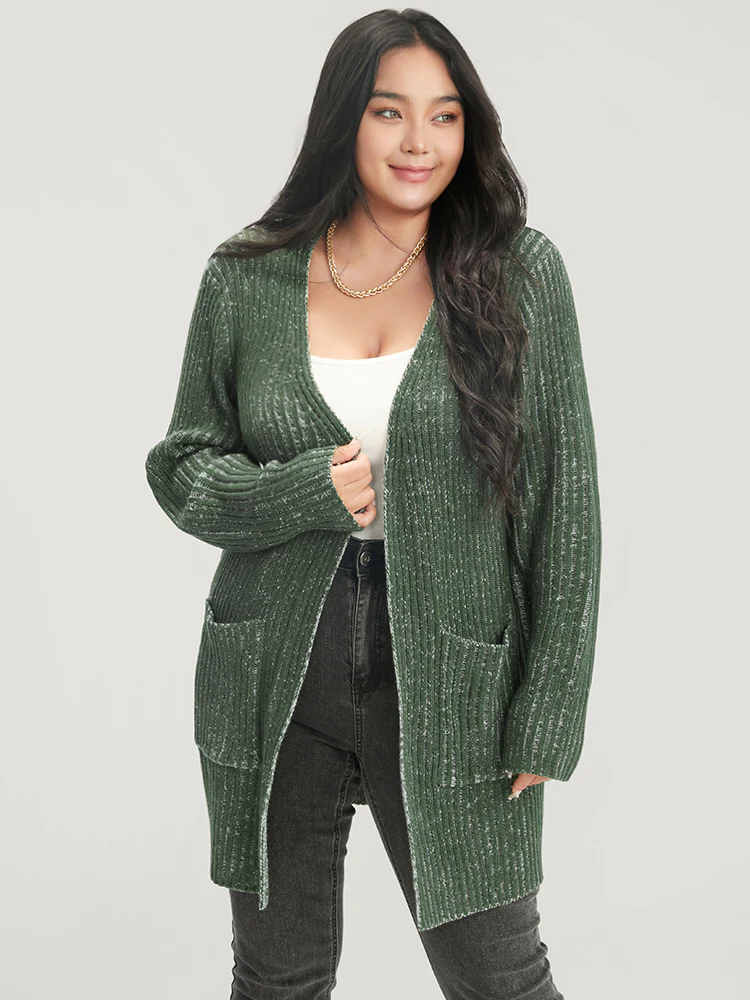 Solid Pointelle Knit Heather Rib Knit Open Front Cardigan - Image 3