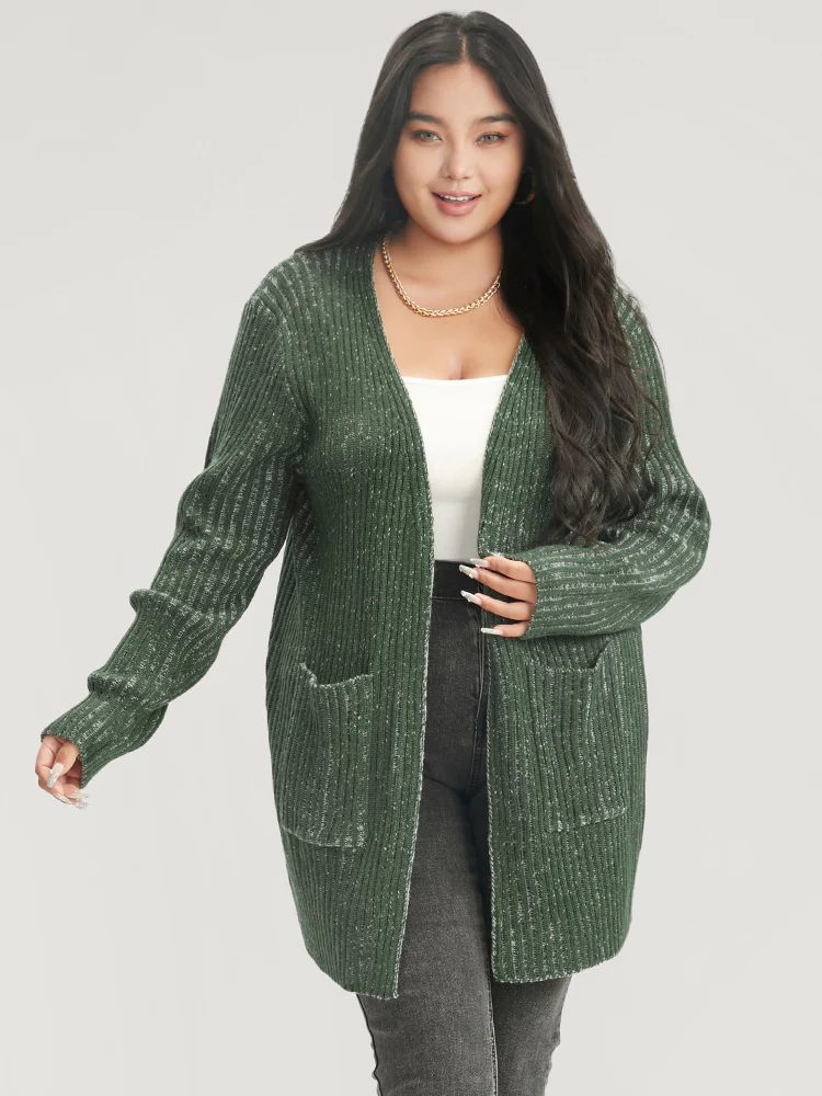 Solid Pointelle Knit Heather Rib Knit Open Front Cardigan - Image 4