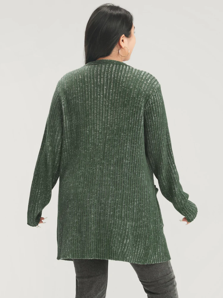 Solid Pointelle Knit Heather Rib Knit Open Front Cardigan - Image 5