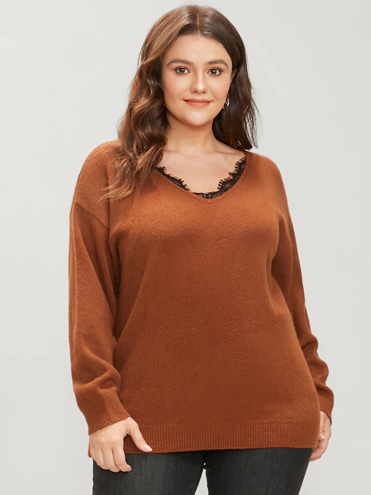 Solid Pointelle Knit Lace Trim V Neck Knit Top - Image 2