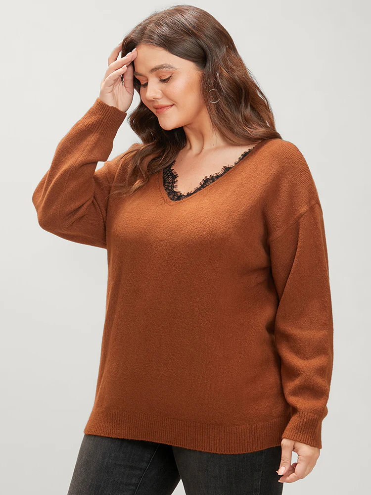 Solid Pointelle Knit Lace Trim V Neck Knit Top - Image 3