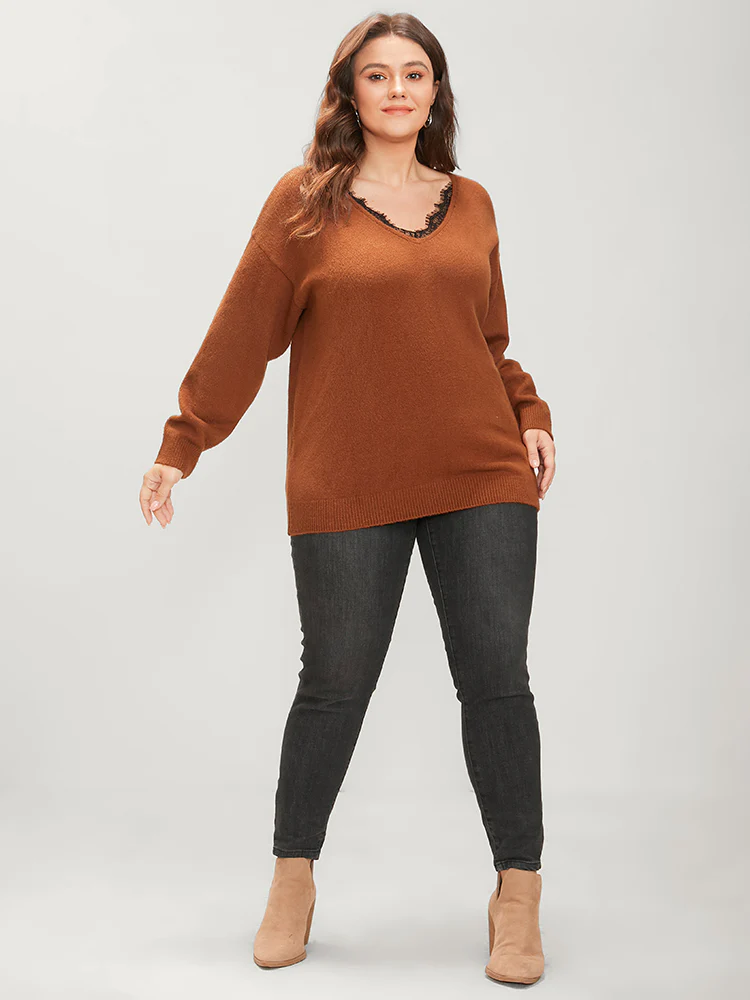 Solid Pointelle Knit Lace Trim V Neck Knit Top - Image 4