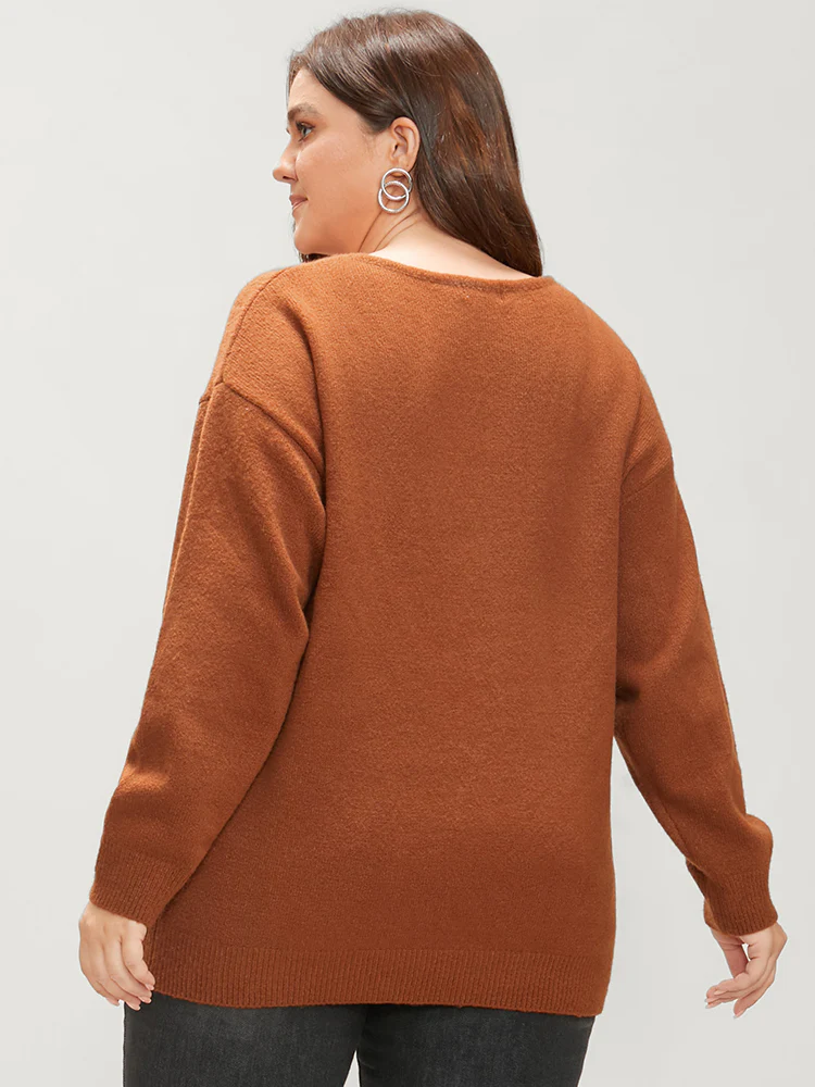 Solid Pointelle Knit Lace Trim V Neck Knit Top - Image 5