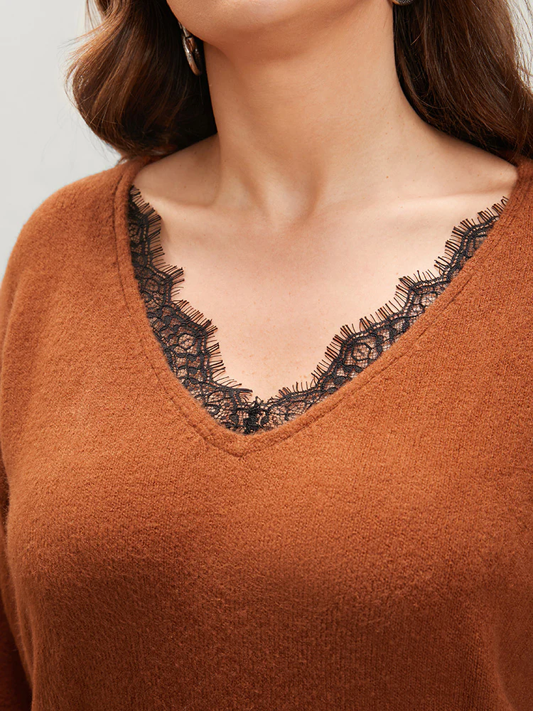 Solid Pointelle Knit Lace Trim V Neck Knit Top - Image 6