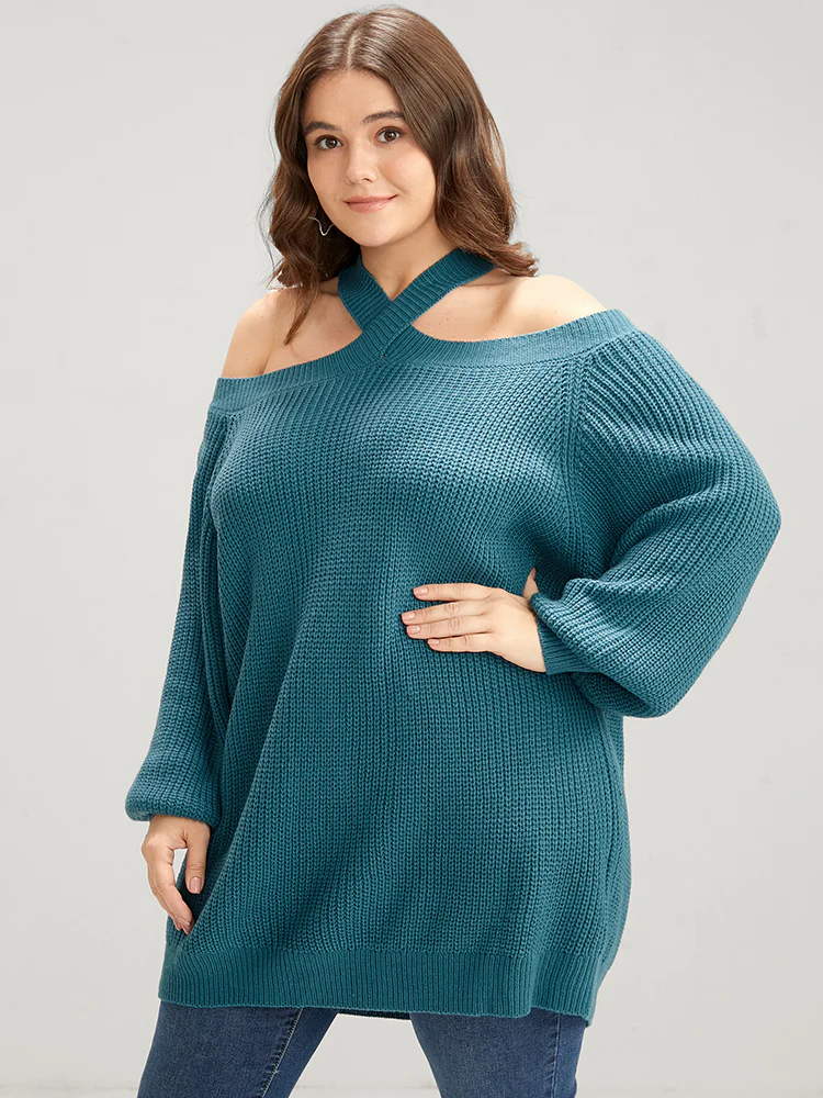 Solid Pointelle Knit Lantern Sleeve Cold Shoulder Knit Top - Image 2