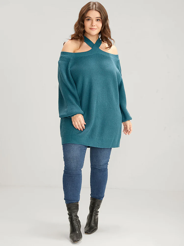 Solid Pointelle Knit Lantern Sleeve Cold Shoulder Knit Top - Image 3