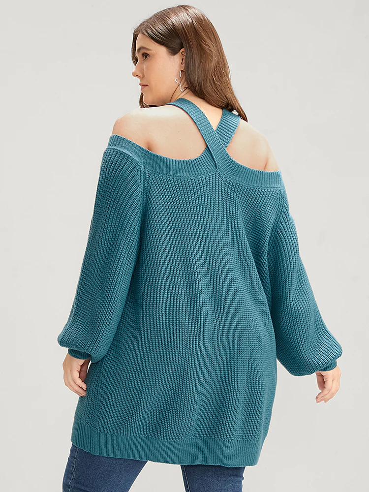 Solid Pointelle Knit Lantern Sleeve Cold Shoulder Knit Top - Image 4