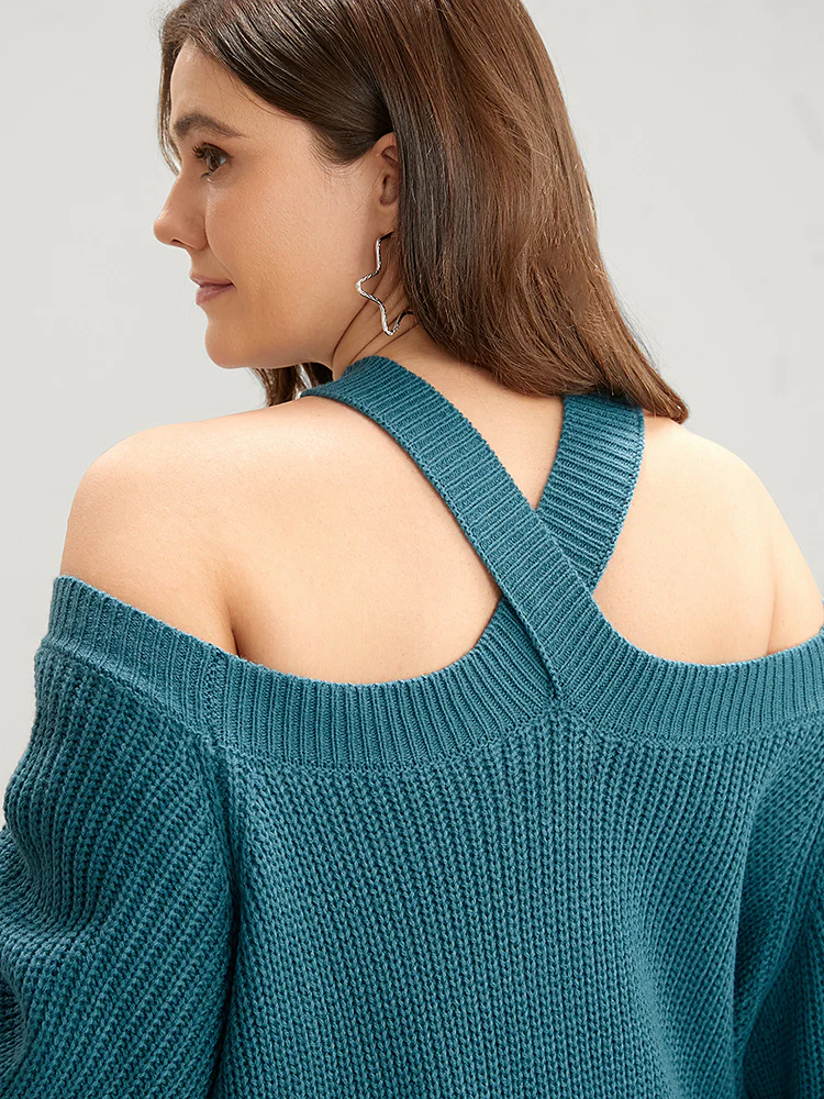 Solid Pointelle Knit Lantern Sleeve Cold Shoulder Knit Top - Image 5
