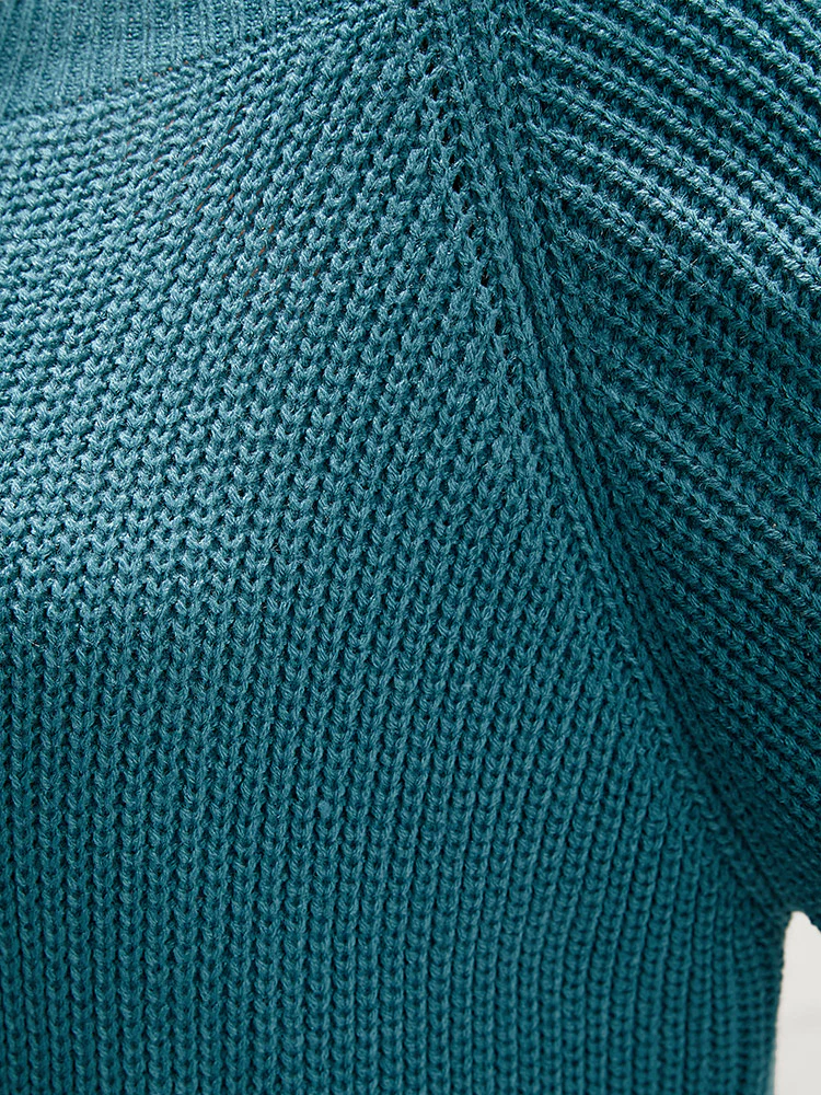 Solid Pointelle Knit Lantern Sleeve Cold Shoulder Knit Top - Image 7