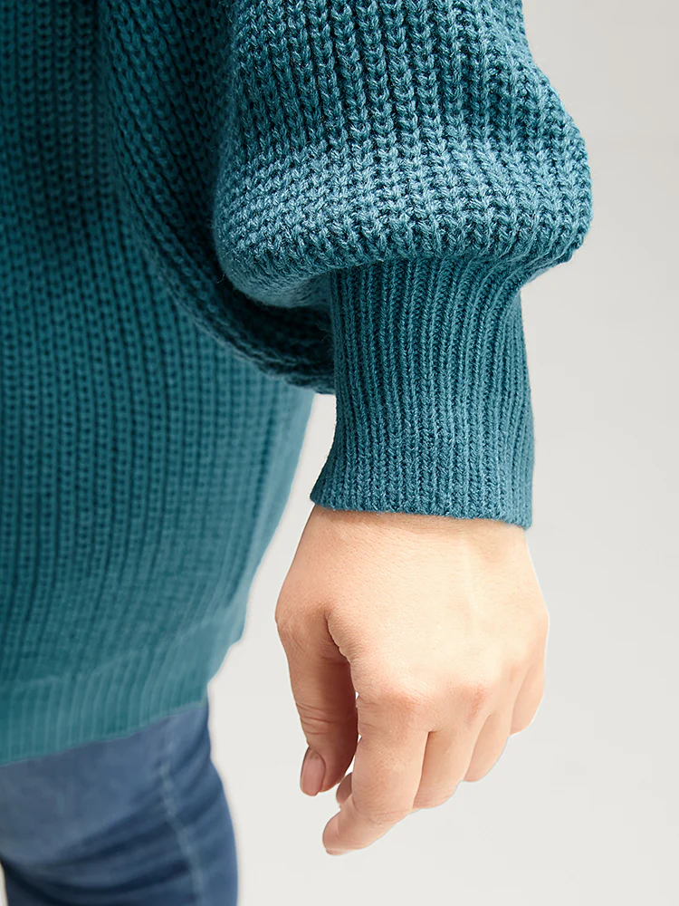 Solid Pointelle Knit Lantern Sleeve Cold Shoulder Knit Top - Image 8