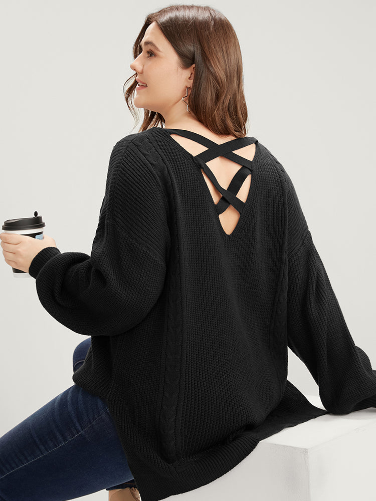 Solid Pointelle Knit Lantern Sleeve Cut Out Split Knit Top - Image 2