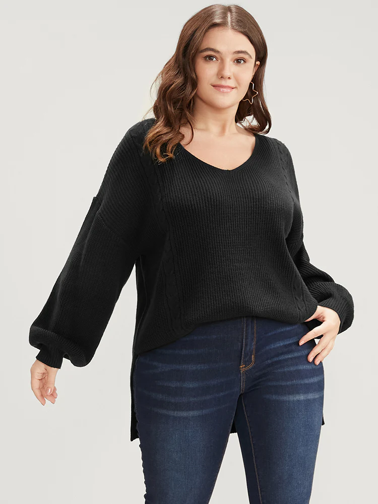 Solid Pointelle Knit Lantern Sleeve Cut Out Split Knit Top - Image 3