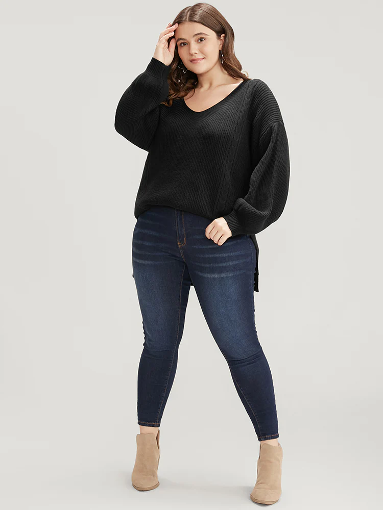 Solid Pointelle Knit Lantern Sleeve Cut Out Split Knit Top - Image 4