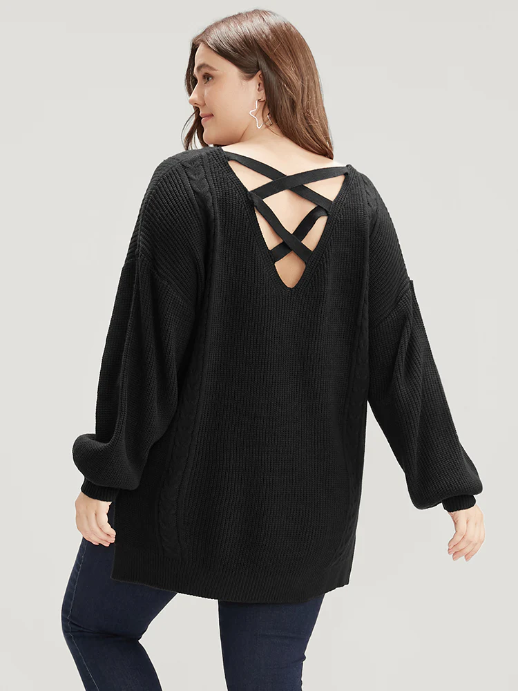 Solid Pointelle Knit Lantern Sleeve Cut Out Split Knit Top - Image 5