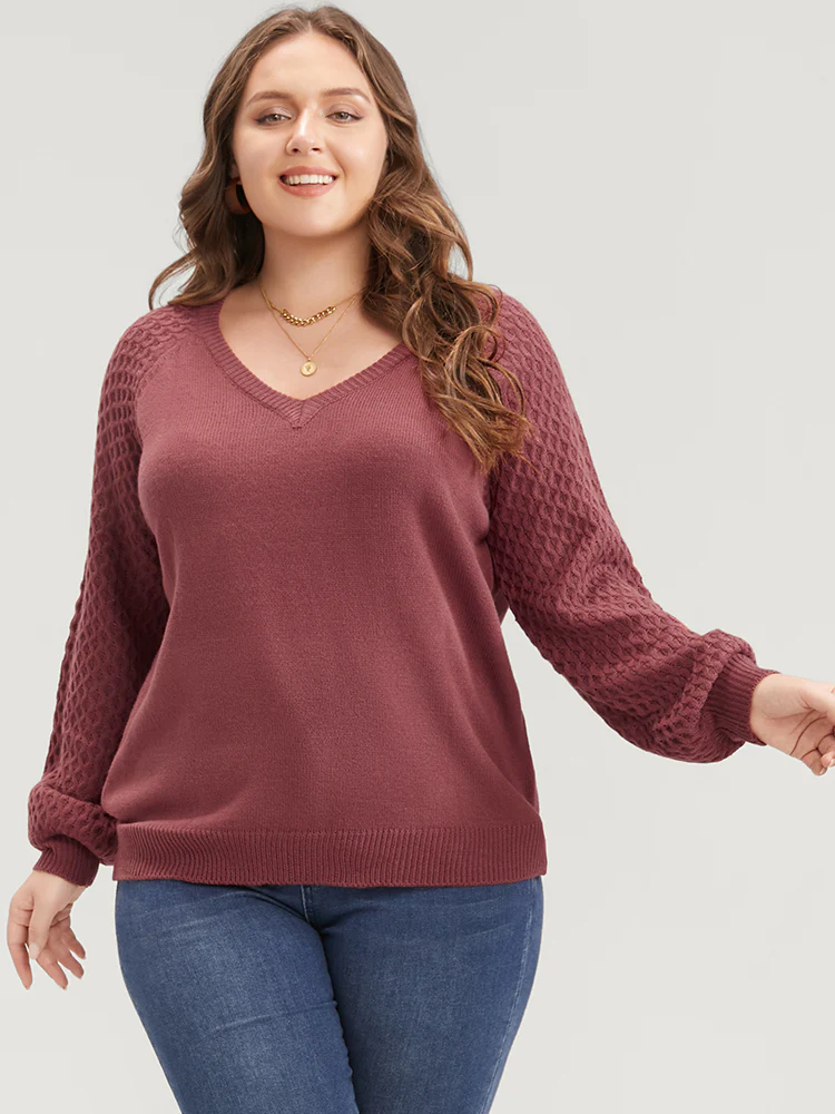 Solid Pointelle Knit Lantern Sleeve Knit Top - Image 2