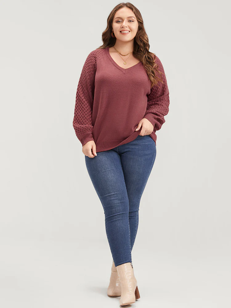 Solid Pointelle Knit Lantern Sleeve Knit Top - Image 4