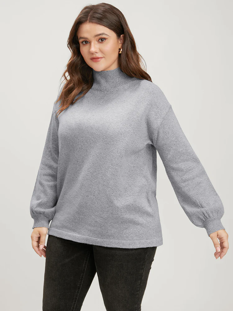 Solid Pointelle Knit Lantern Sleeve Mock Neck Heather Knit Top - Image 2