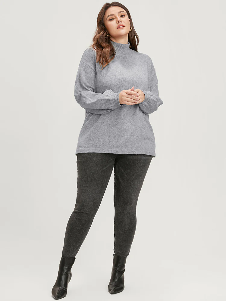 Solid Pointelle Knit Lantern Sleeve Mock Neck Heather Knit Top - Image 3