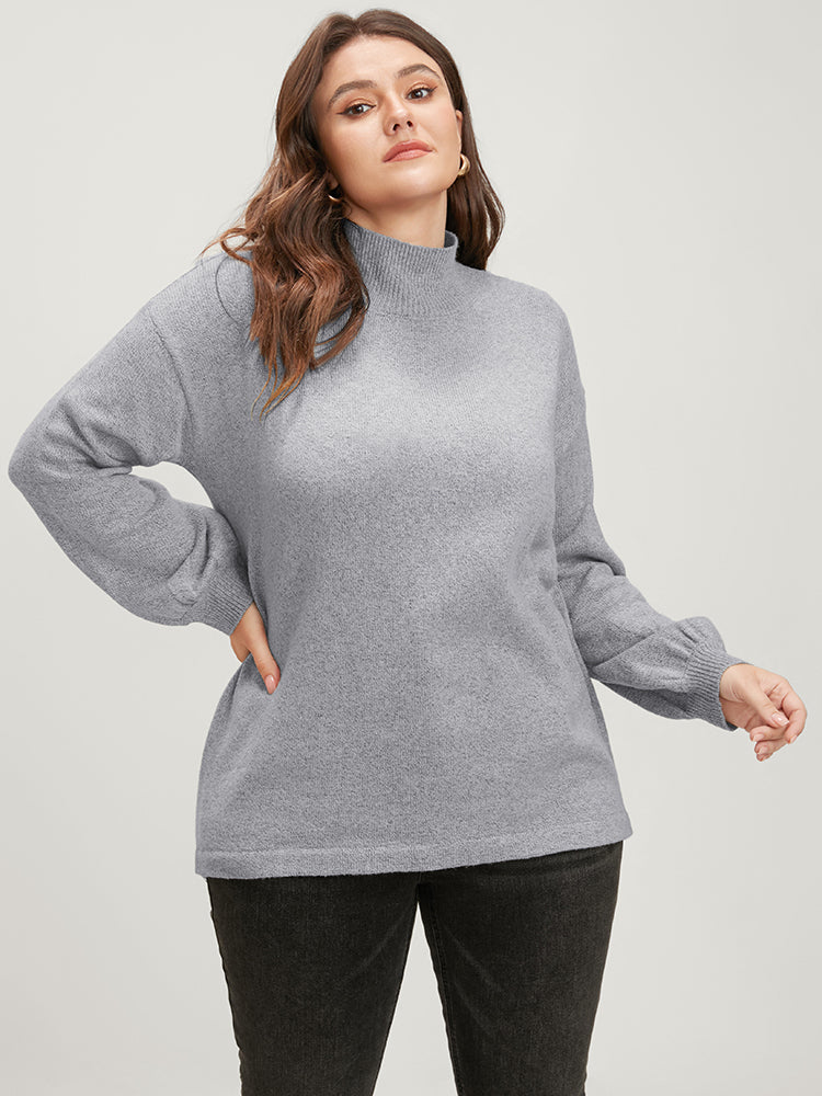 Solid Pointelle Knit Lantern Sleeve Mock Neck Heather Knit Top - Image 4